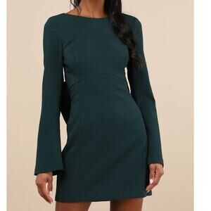 Lulus NWT Elegant Cutie Emerald Bow Bell-Style Long Sleeve Backless Mini Dress